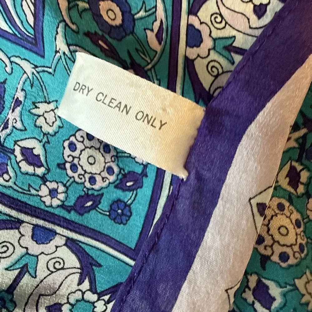VTG Oscar de la Renta Silk Scarf Japan RN 62720 Teal Purple Floral Square Flaw